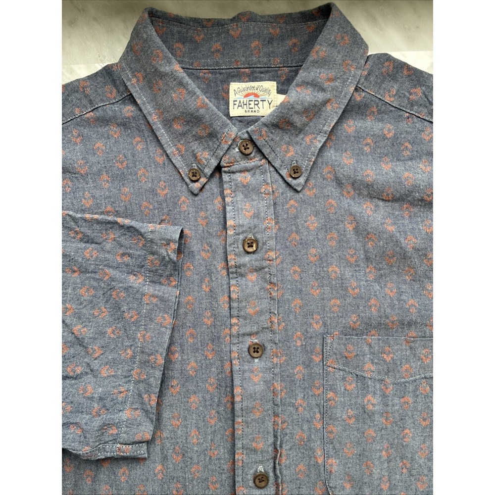 Faherty Blue Button-Down Shirt with Rust Micro-Print